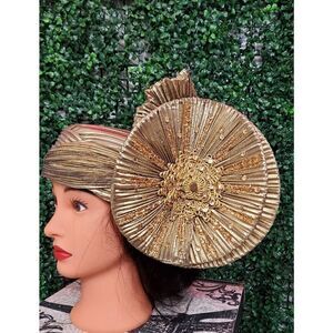Elegant Gold Women's Turban Headpiece with Decorative Rosette